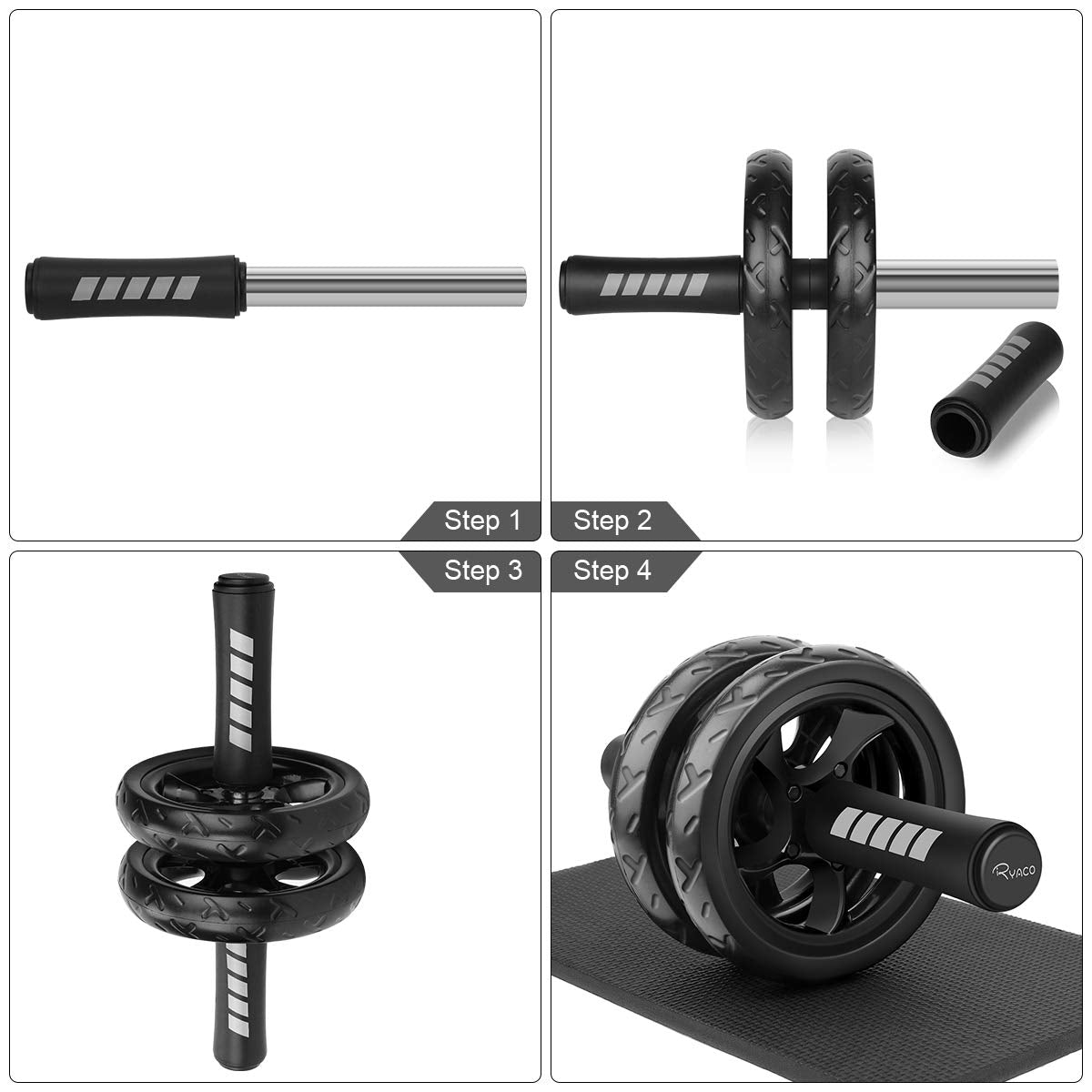 RYACO Bauchroller, Bauchtrainer AB Roller, Bauchmuskeltrainer AB Wheel Set, mit Rutschfester, inkl. Kniematte/Knieauflage, für Männer und Frauen, Bauchmuskeltraining, Schwarz