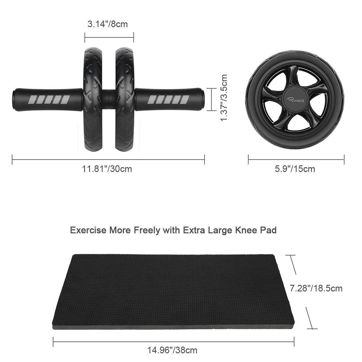 RYACO Bauchroller, Bauchtrainer AB Roller, Bauchmuskeltrainer AB Wheel Set, mit Rutschfester, inkl. Kniematte/Knieauflage, für Männer und Frauen, Bauchmuskeltraining, Schwarz
