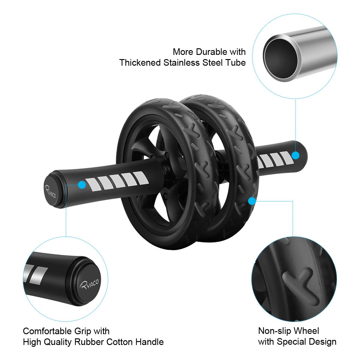 RYACO Bauchroller, Bauchtrainer AB Roller, Bauchmuskeltrainer AB Wheel Set, mit Rutschfester, inkl. Kniematte/Knieauflage, für Männer und Frauen, Bauchmuskeltraining, Schwarz