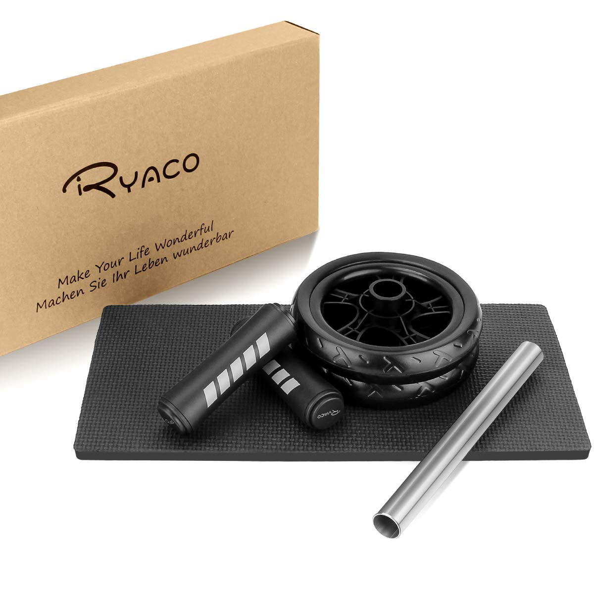 RYACO Bauchroller, Bauchtrainer AB Roller, Bauchmuskeltrainer AB Wheel Set, mit Rutschfester, inkl. Kniematte/Knieauflage, für Männer und Frauen, Bauchmuskeltraining, Schwarz