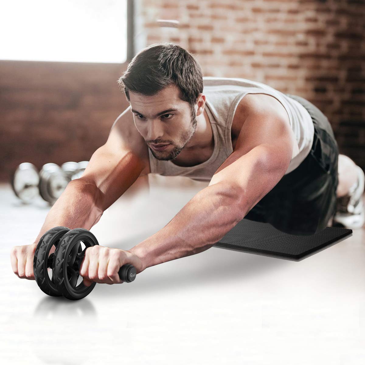RYACO Bauchroller, Bauchtrainer AB Roller, Bauchmuskeltrainer AB Wheel Set, mit Rutschfester, inkl. Kniematte/Knieauflage, für Männer und Frauen, Bauchmuskeltraining, Schwarz
