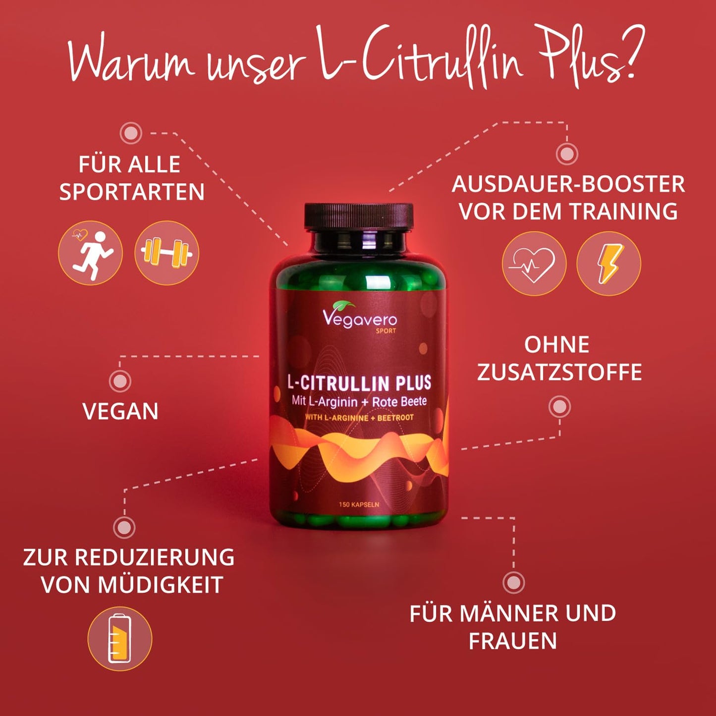 L-Citrullin Malat | Hochdosiert: 2000 mg Citrullin | Mit L-Arginin Base + Rote Beete | Aus Fermentation | PRE WORKOUT | Laborgeprüft | Vegan - Ohne Zusatzstoffe | Deutsche Produktion von VEGAVERO®