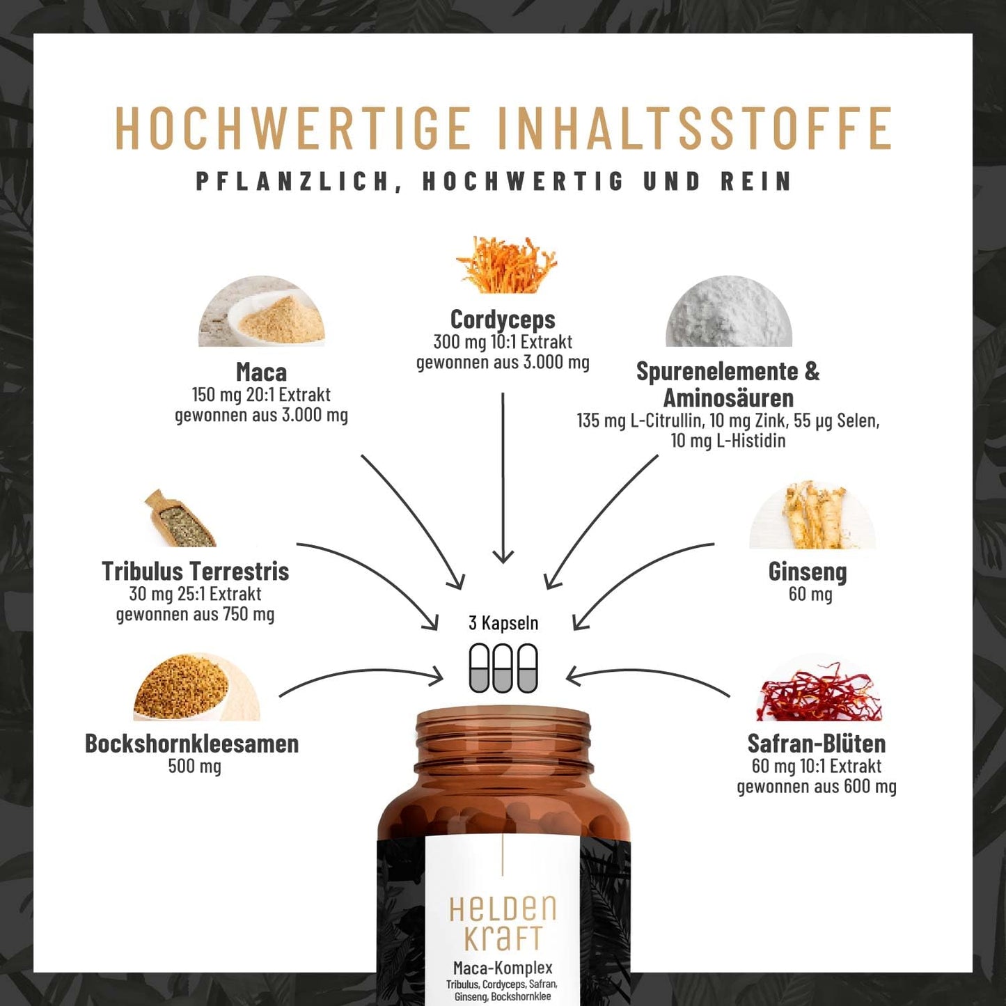 Maca Kapseln hochdosiert - Maca 20:1 Extrakt mit Tribulus terrestris, Cordyceps, Bockshornklee, Zink, Ginseng, Safran, Selen - 90 Kapsel Heldenkraft für Männer