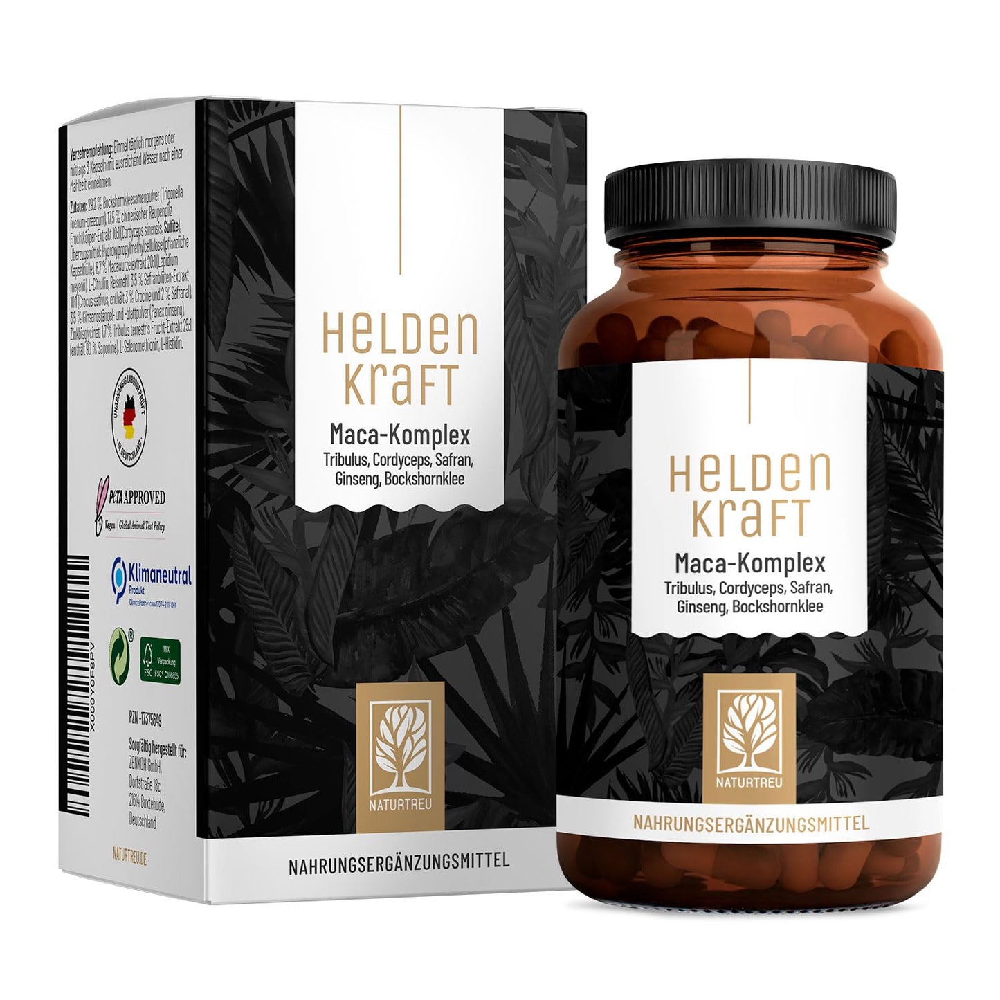 Maca Kapseln hochdosiert - Maca 20:1 Extrakt mit Tribulus terrestris, Cordyceps, Bockshornklee, Zink, Ginseng, Safran, Selen - 90 Kapsel Heldenkraft für Männer