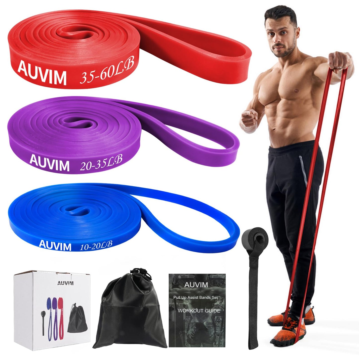 AUVIM Widerstandsbänder Set Fitnessbänder 3 verschiedene Stufen von Widerstandsbändern für Krafttraining, Stretching, Calisthenics, inkl. Türanker