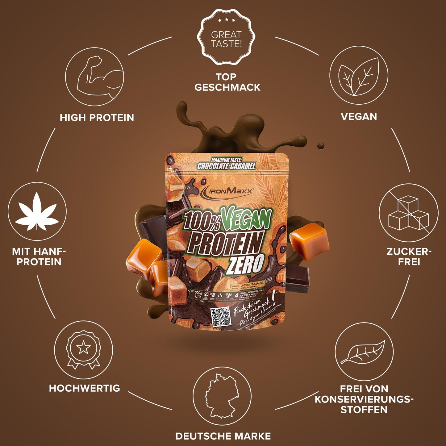 IronMaxx 100% Vegan Protein Zero - Chocolate-Caramel 500g | zuckerfreies und proteinreiches Eiweißpulver aus 4 Komponenten | veganes Proteinpulver ohne Aspartam