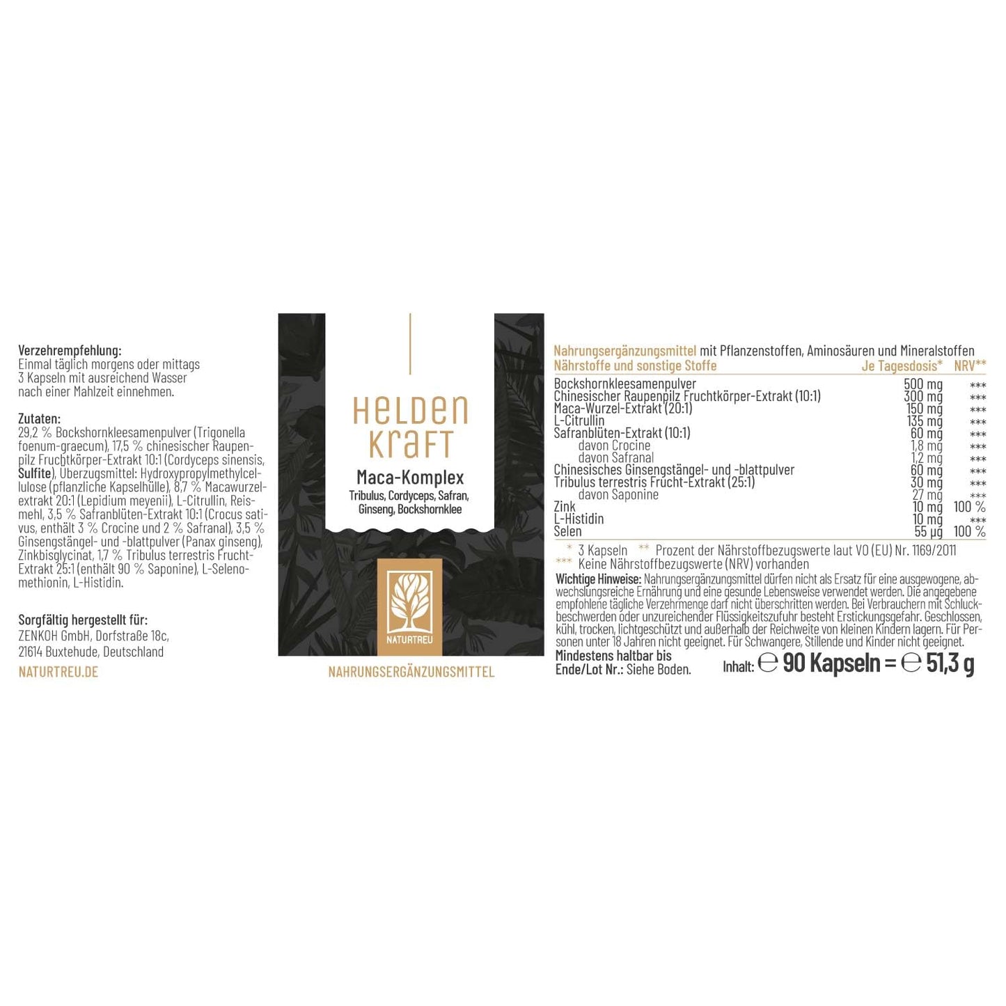 Maca Kapseln hochdosiert - Maca 20:1 Extrakt mit Tribulus terrestris, Cordyceps, Bockshornklee, Zink, Ginseng, Safran, Selen - 90 Kapsel Heldenkraft für Männer