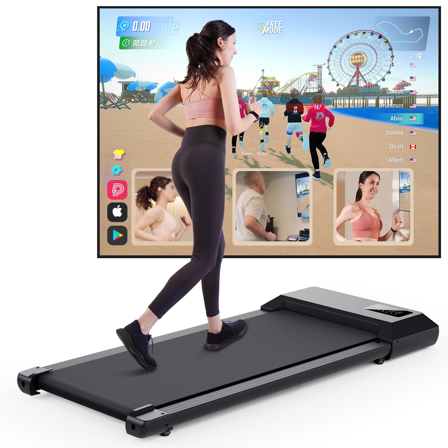 DeerRun Walking Pad Raceable,Laufband für Zuhause bis 136kg, Laufband Schreibtisch mit App, Treadmill Leise 2,5PS mit Professionelle Trainingskurse & Multi-Runner-Rennen