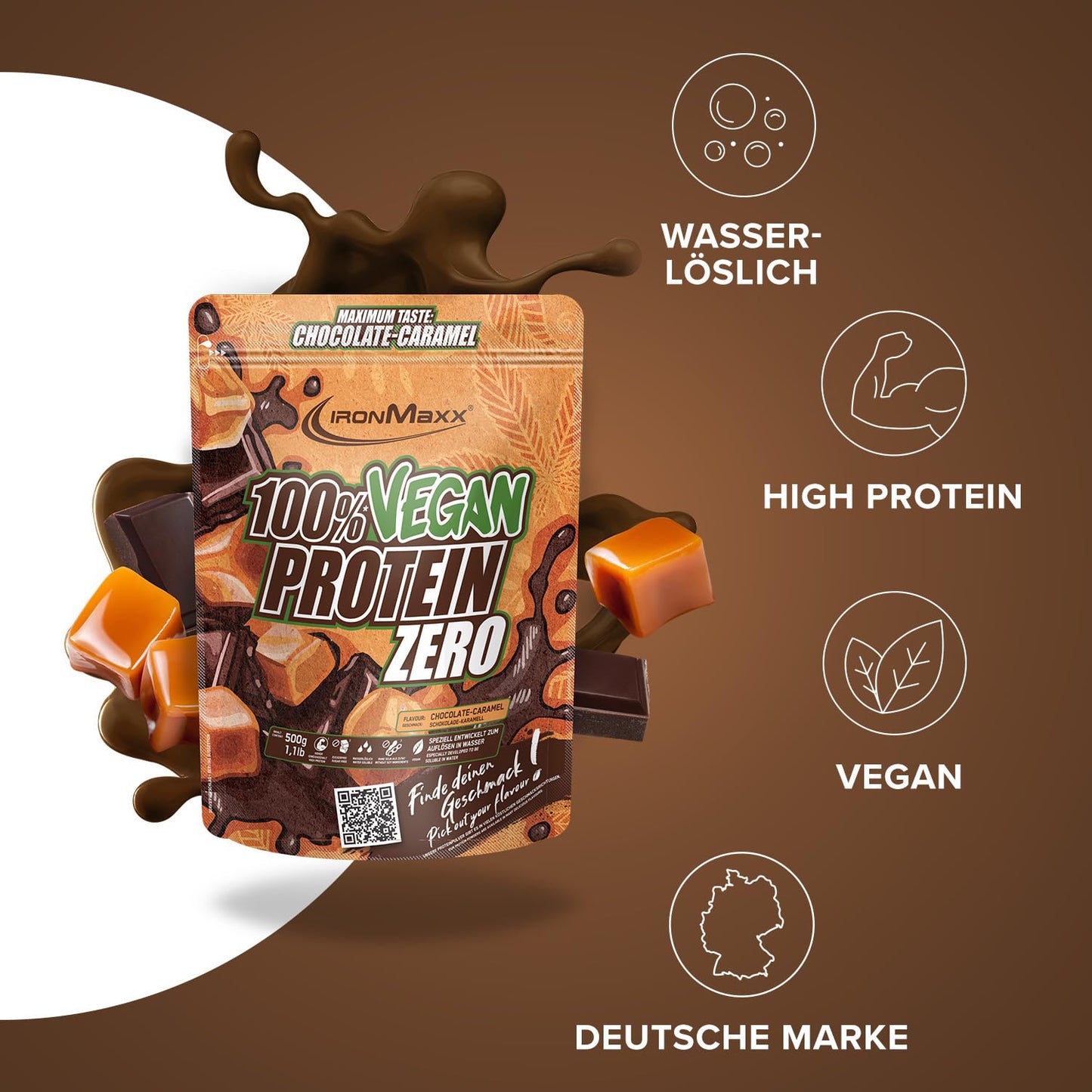 IronMaxx 100% Vegan Protein Zero - Chocolate-Caramel 500g | zuckerfreies und proteinreiches Eiweißpulver aus 4 Komponenten | veganes Proteinpulver ohne Aspartam