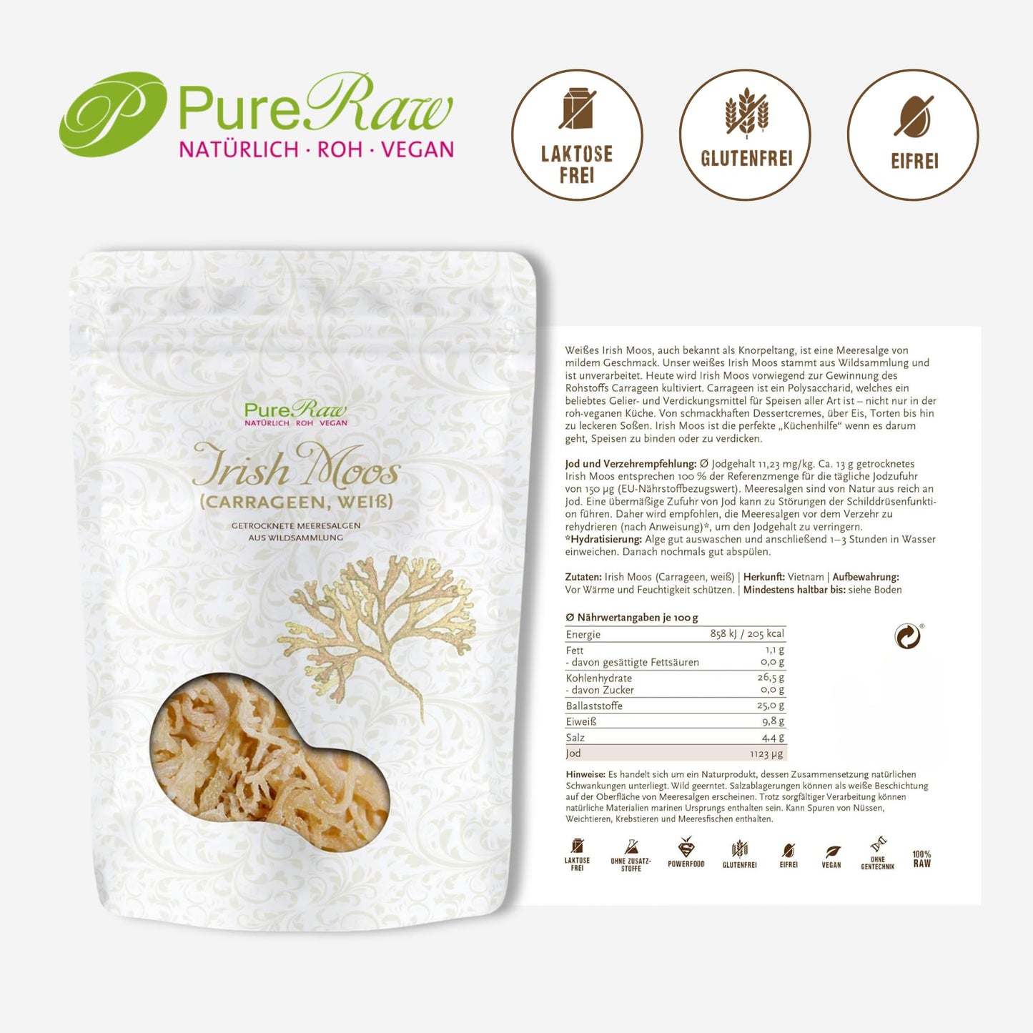 Irish Moos Sea Moss Knorpeltang (Wildsammlung Vegan Roh) Carrageen Algen, Pflanzliche Gelatine, Emulgator, Verdickungsmittel, Algensalat - Irisch Moss Weiß Farblos Seemoos | PureRaw 50g