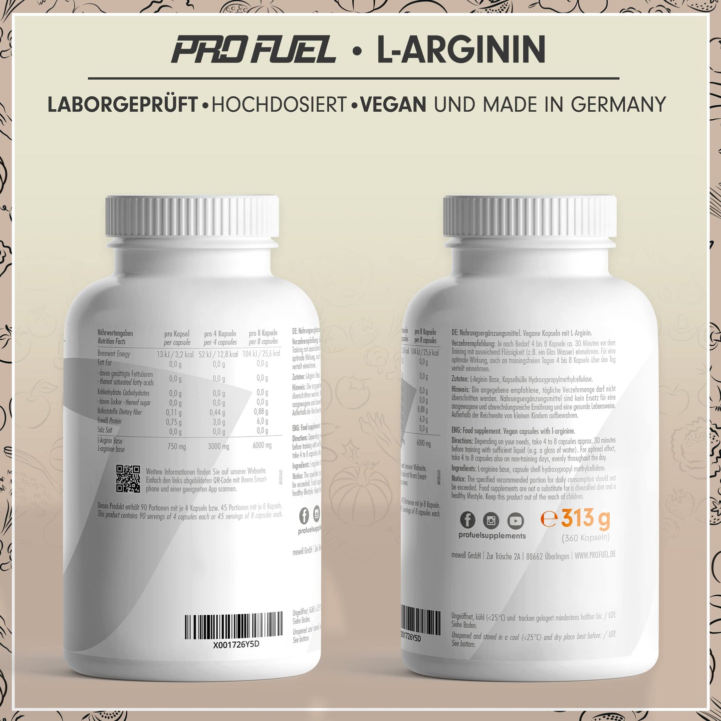 L-Arginin 360 Kapseln vegan - mit 6000 mg pflanzlichem L-Arginin aus Fermentation (davon 6000 mg reines L-Arginin) je Tagesdosis - Ohne Zusatzstoffe - laborgeprüft mit Zertifikat - vegan