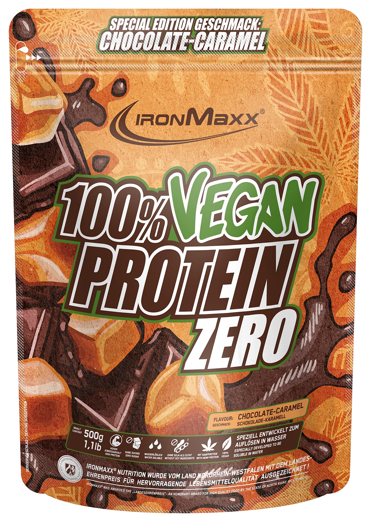 IronMaxx 100% Vegan Protein Zero - Chocolate-Caramel 500g | zuckerfreies und proteinreiches Eiweißpulver aus 4 Komponenten | veganes Proteinpulver ohne Aspartam